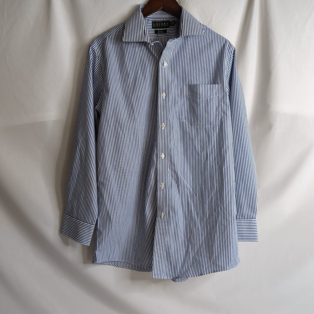 Lauren Ralph Lauren Women's Button Up Shirt Slim Fit Blue/White Striped, Size 16